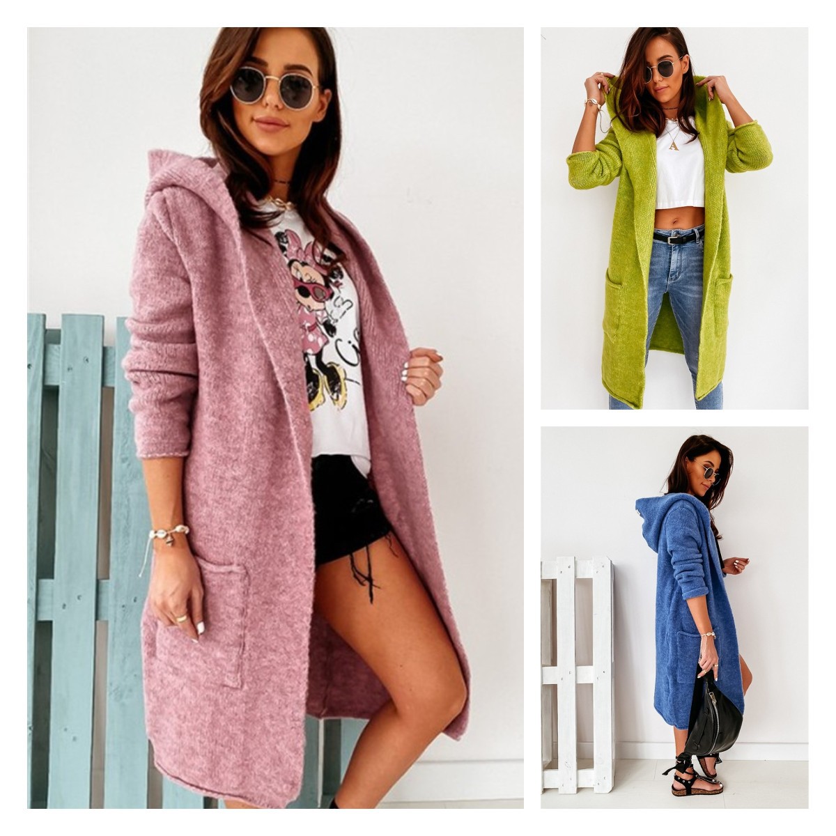 Demi-season long cashmere cardigan with pockets with hood