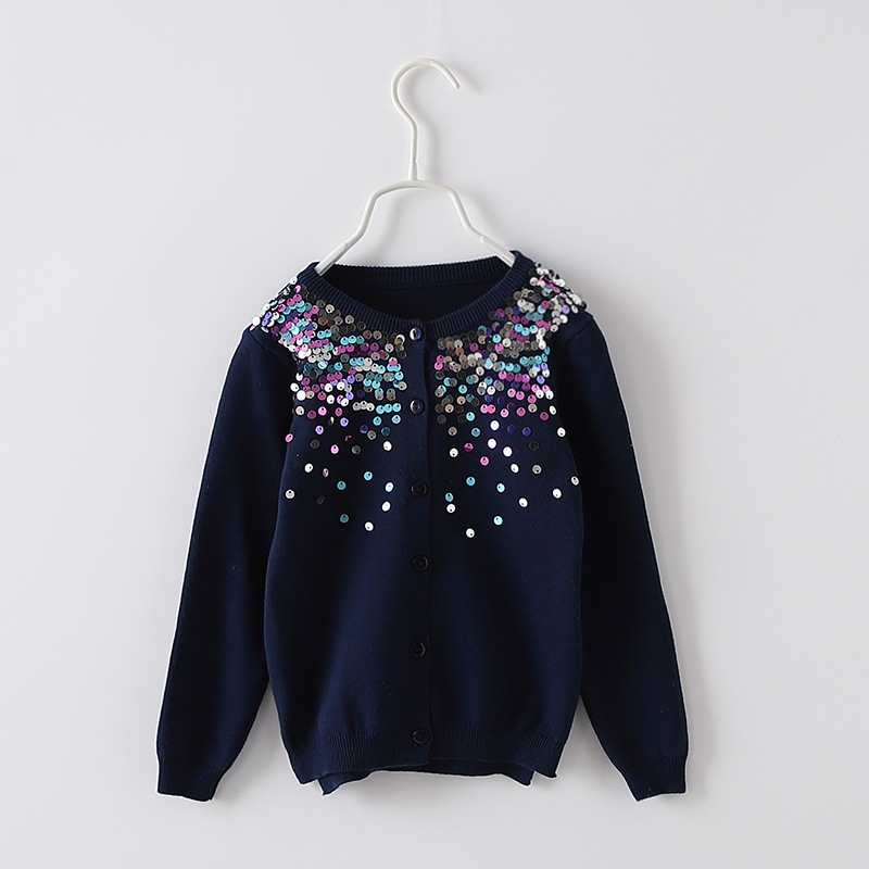 2021 primavera y otoño nuevo cuello redondo lentejuelas suéter de los niños chal abrigo niñas punto cardigan moda al aire libre por mayor