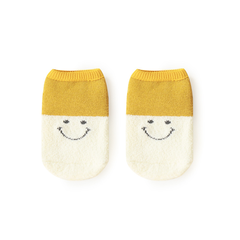 Calcetines para niños Otoño e Invierno dibujos animados cara sonriente forrado de lana bebé Terry calcetines cosidos a mano cabeza antideslizante piso calcetines barco Calcetines cortos