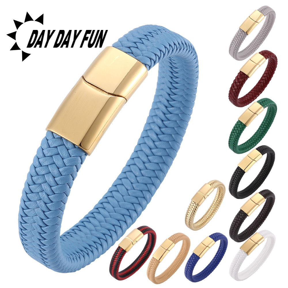 Pulsera de pareja de acero de titanio al por mayor caliente cuerda de cuero tejida de cuero genuino pulsera de moda simple europea y americana para hombres y mujeres