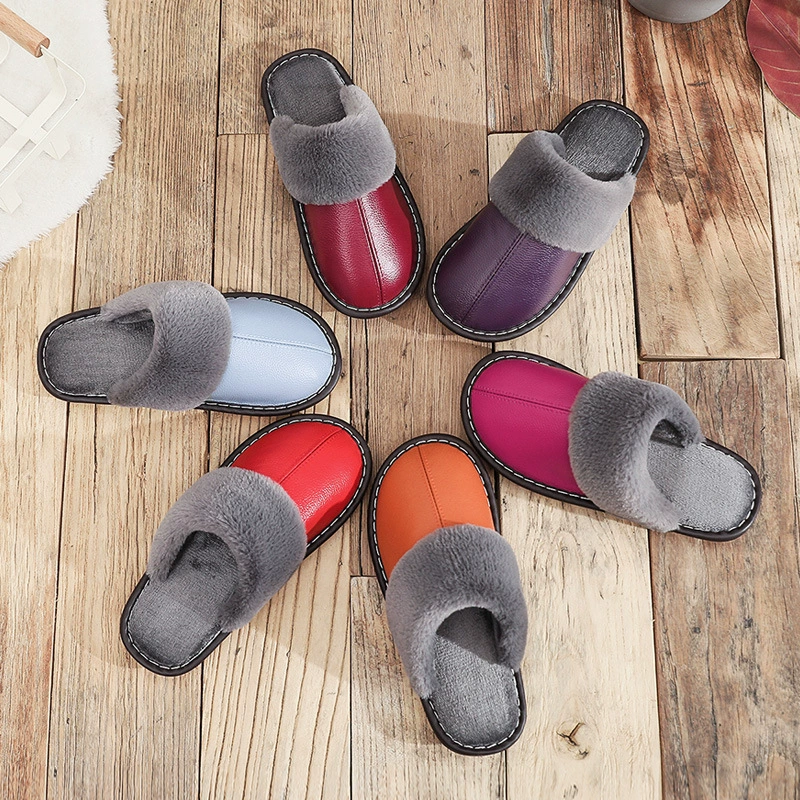 Обработанные осенние и зимние кожаные тапочки для дома теплая пара хлопчатобумажные тапочки для первого слоя коровьей кожи домашние кожаные тапочки Haining