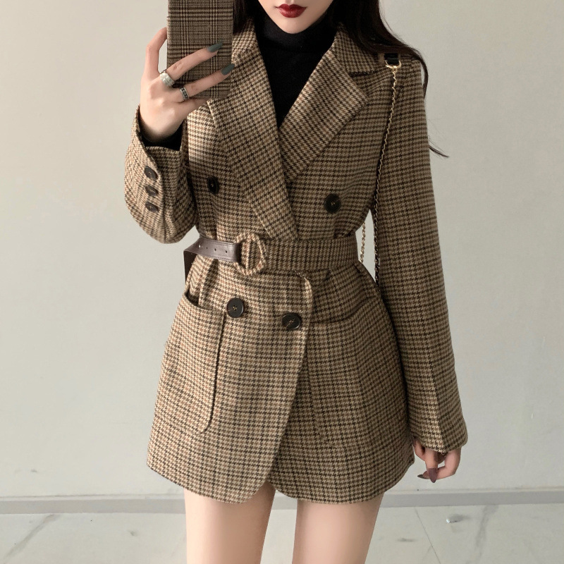 2025 Spring and Autumn Goddess Style Clothes Suit Collar Plaid Slim Fit Jacket Retro Style Mid-Length Coat
