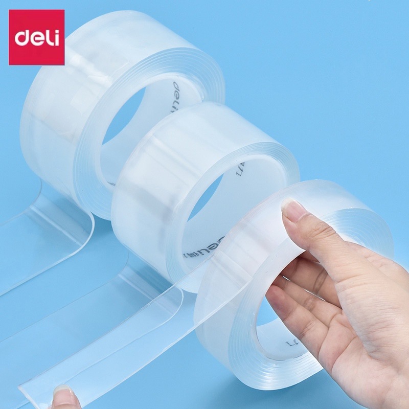Deli transparente cinta adhesiva de doble cara material acrílico fácil de rasgar no fácil de dejar adhesivo residual Oficina hogar cinta adhesiva de doble cara
