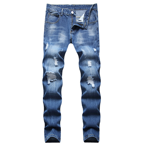 Mainly promote European and American direct simple hole male denim jeans for young men, fashionable straight denim pants