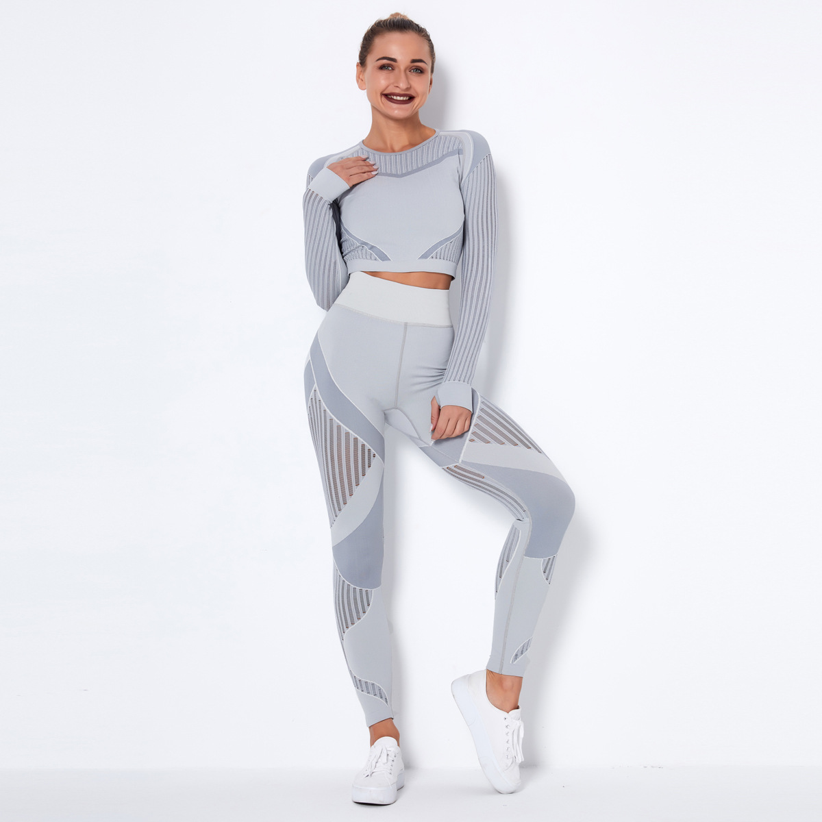¡En stock! Europeo y americano sin costuras hueco-fuera de absorción de humedad de yoga traje de manga larga ropa de yoga deportes fitness correr pantalones de yoga para mujeres