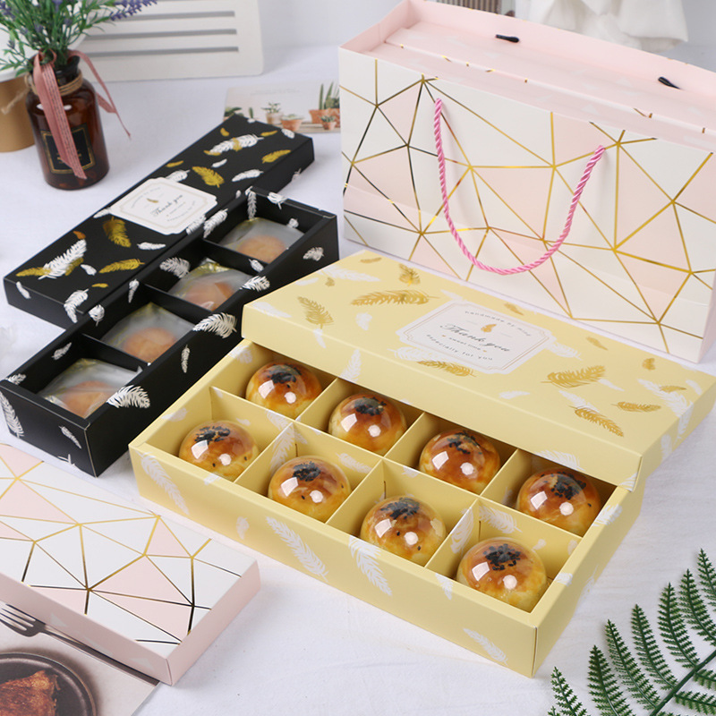 Largo 4/8 piezas dorado pluma Festival del Medio Otoño helado pastel de Luna caja de embalaje caja de regalo Cielo y Tierra cubierta horneando yema de huevo caja crujiente