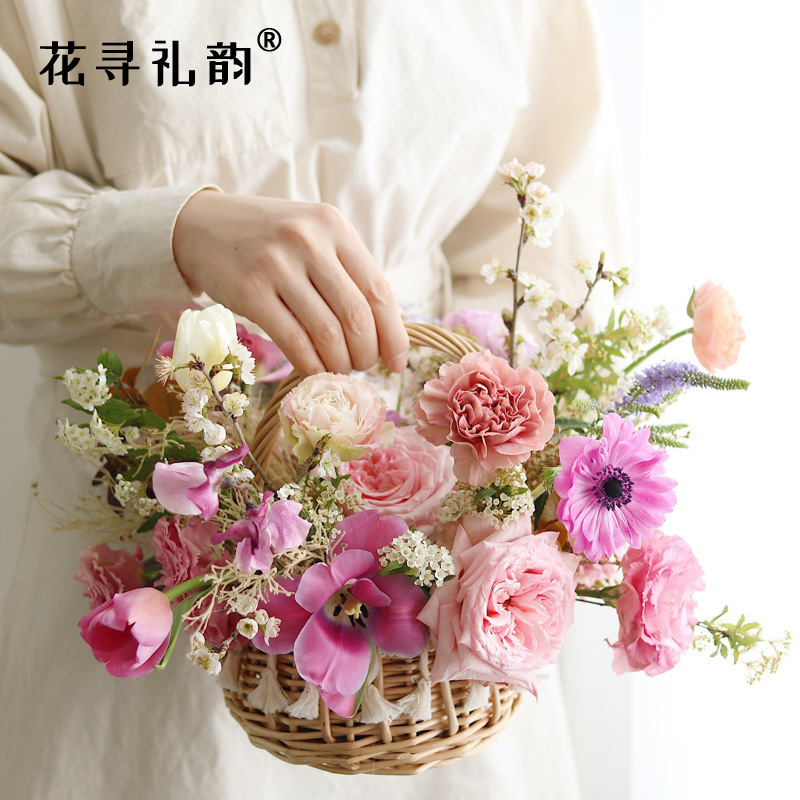 Mimbre borla cesta de flores de mano ramo decoración DIY arreglo de flores pastoral adornos flores tejidas a mano niña de las flores de la boda