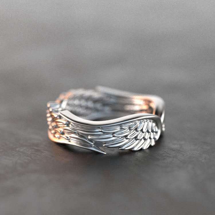 Anillo de Plumas con Alas de Ángel de Diseño Original Popular Transfronterizo, Anillo Negro de Plata Tailandesa Retro Europeo y Americano