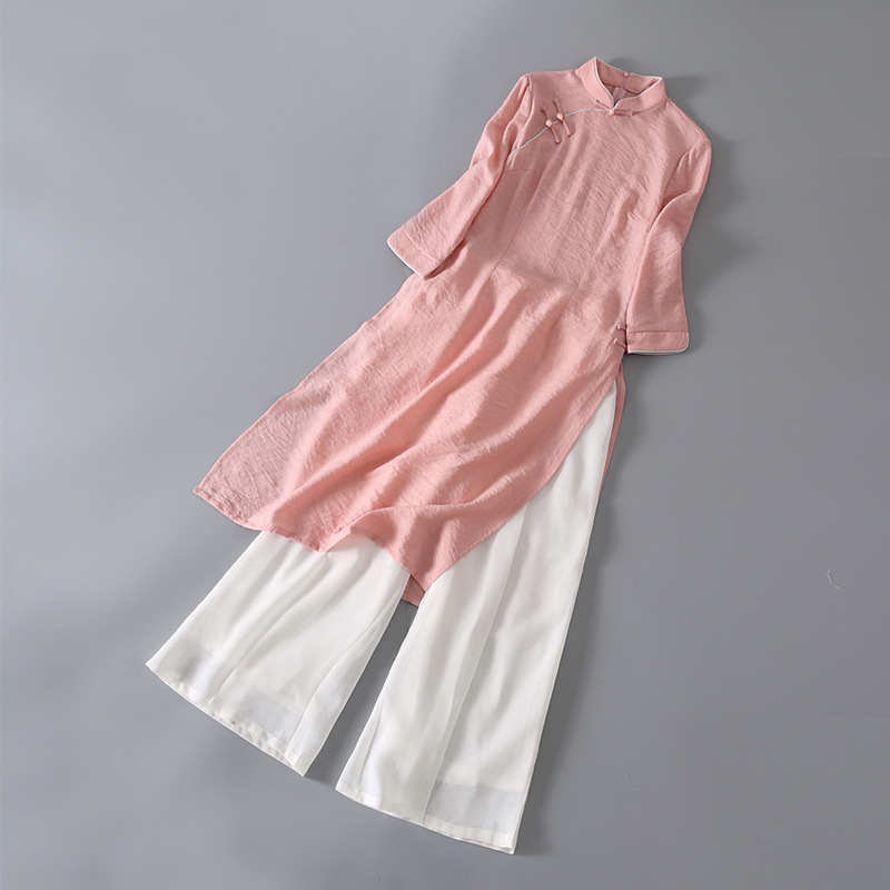 Chan Tea Fu New Artistic Retro Chinese-style Improved Aodai Cheongsam Silk Hemp Button Dress Zen Tea Dress Women's Clothing