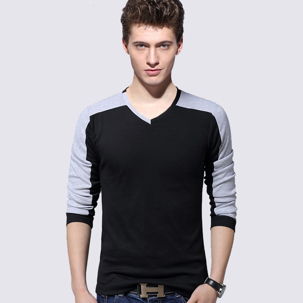 【现货】春装男式T恤衫 拼接撞色长袖t恤 休闲时尚男装V领t恤8129