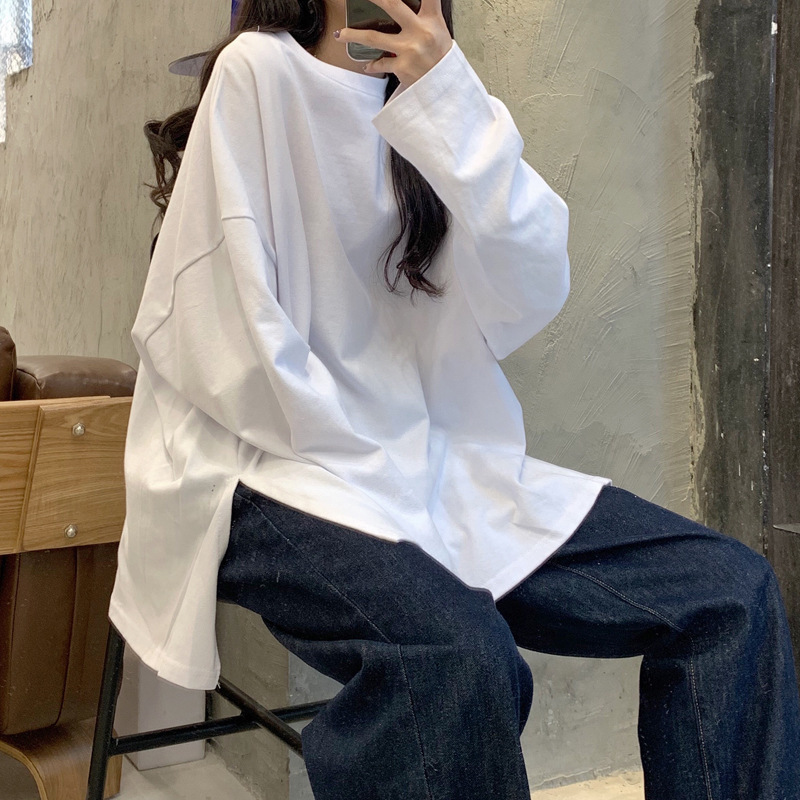 2025 Autumn Slit Solid Color Long-Sleeve T-Shirt for Women, Fashionable Base Shirt, Korean Style Trendy Student Outerwear, Loose Top 2025 Autumn Slit Solid Color Long-Sleeve T-Shirt for Women, Fashionable Base Shirt, Korean Style Trendy Student Outerwear, Loose Top