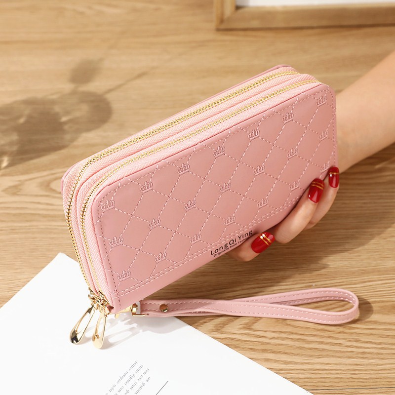 Cartera larga bordada con corona – Doble cremallera, gran capacidad, diseño elegante para mujer.