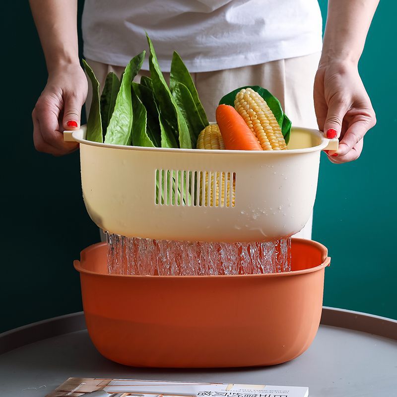 Kitchen Double-layer Drain Basket Household Sink Creative Plastic Two-color Storage Basket Square Fruit And Vegetable Storage Basket