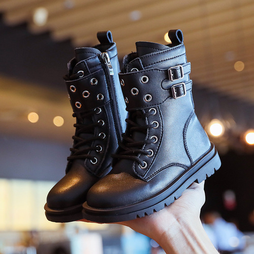 Girls' Martin boots super fiber children's short boots spring and autumn single style 2024 new British style catwalk black cotton boots