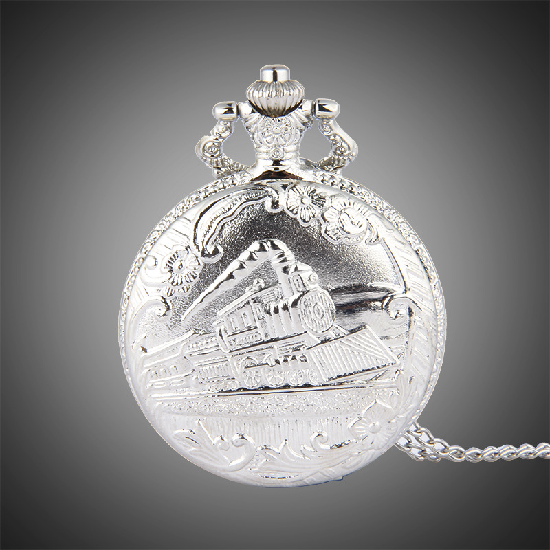 Factory wholesale large locomotive silver pocket watch a generation of retro nostalgic train quartz pocket watch 8014