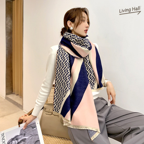 Korean version thickened scarf for women winter new letter color-blocking imitation cashmere double-sided warm summer air-conditioned room shawl scarf