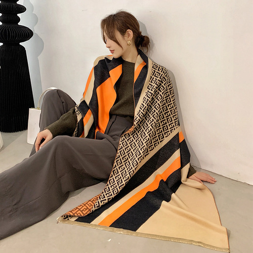 Korean version thickened scarf for women winter new letter color-blocking imitation cashmere double-sided warm summer air-conditioned room shawl scarf