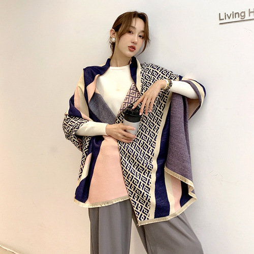 Korean version thickened scarf for women winter new letter color-blocking imitation cashmere double-sided warm summer air-conditioned room shawl scarf