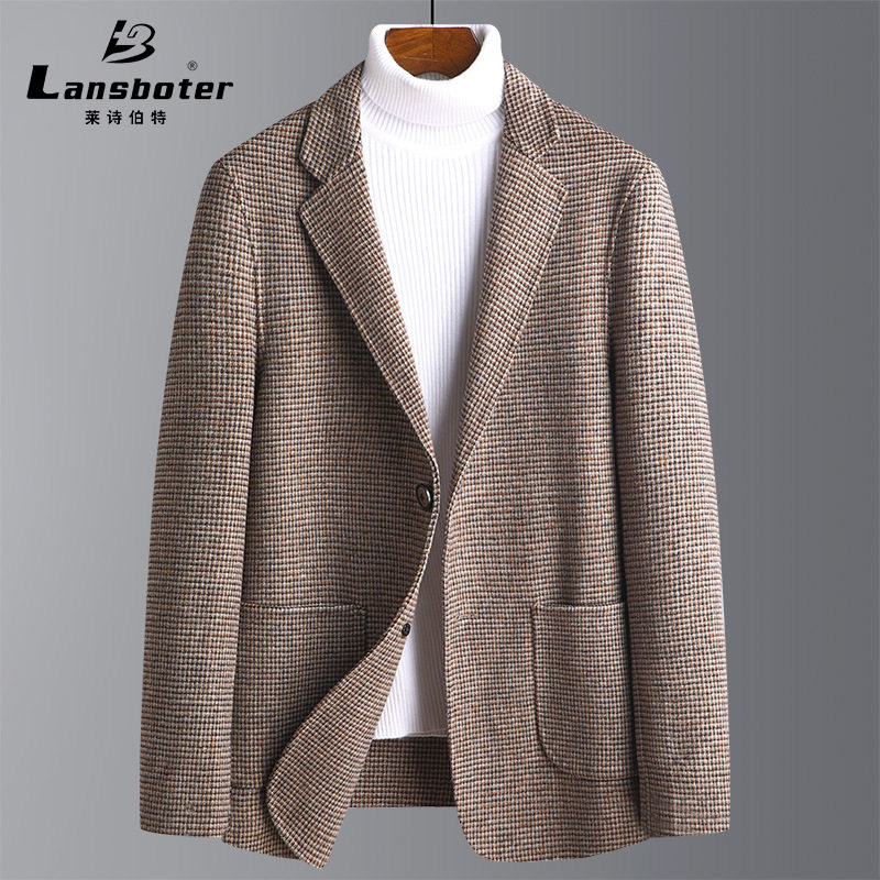 Áo vest nam dạ lông cừu hai mặt may thủ công họa tiết ca rô, dáng ôm, tay dài — Màu cà phê, Vàng sáng, Xám nhạt, Đen Xám
