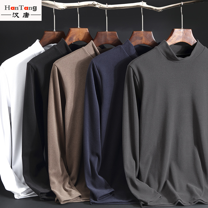 Wholesale winter semi-high collar thermal underwear men's brushed velvet top long sleeve T-shirt base shirt mid-collar autumn clothing