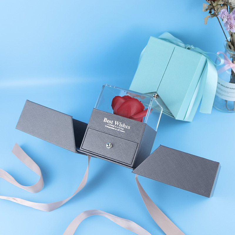 创意情人节玫瑰花礼盒双开永生花首饰盒香皂花戒指盒项链耳钉盒