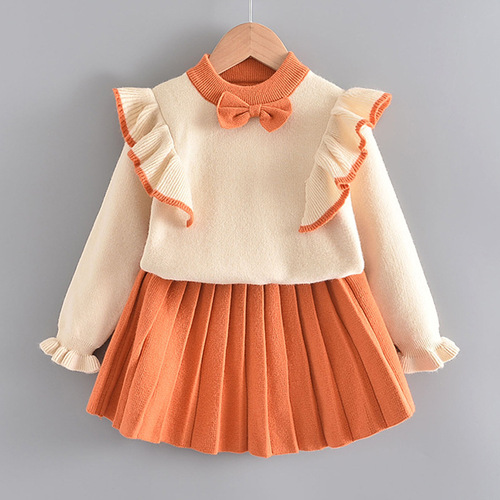 Girls' flying sleeve knitted sweater suit, children's Korean style spring and autumn style two-piece set, small and medium-sized baby princess dress