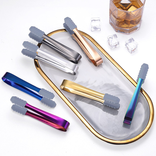 Cross-border supply 304 stainless steel ice clip sugar clip with silicone head anti-slip creative gold-plated food ice clip