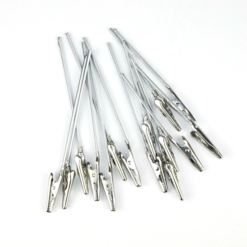 Stainless steel crocodile clip on steel wire, 8–12 cm lengths, lightweight metal alligator clips