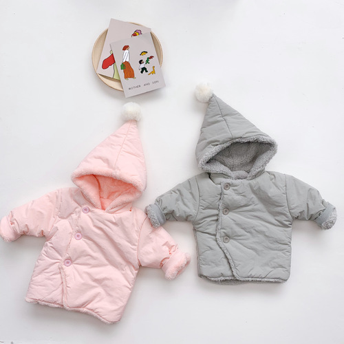  winter new solid color velvet warm baby coat cute three-dimensional ball long-sleeved hooded baby coat