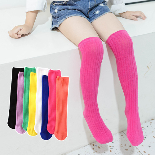 New spring and autumn children's socks candy color solid color wide vertical strip high socks girls mid-calf socks baby over-the-knee socks