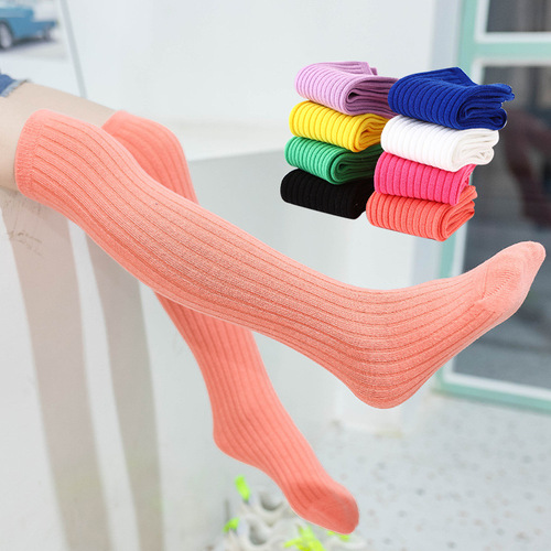 New spring and autumn children's socks candy color solid color wide vertical strip high socks girls mid-calf socks baby over-the-knee socks