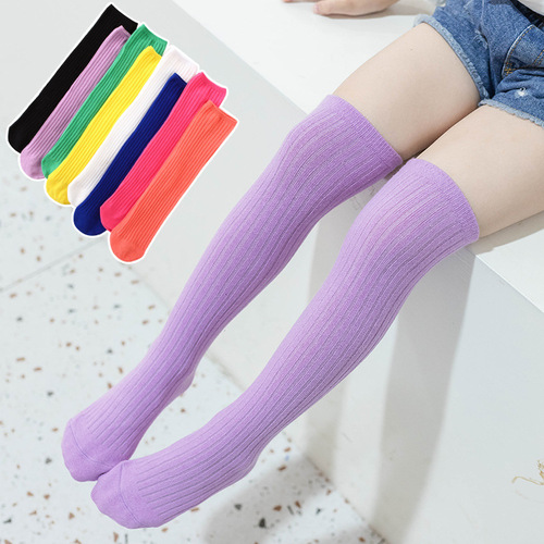 New spring and autumn children's socks candy color solid color wide vertical strip high socks girls mid-calf socks baby over-the-knee socks
