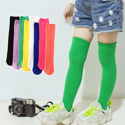 New spring and autumn children's socks candy color solid color wide vertical strip high socks girls mid-calf socks baby over-the-knee socks