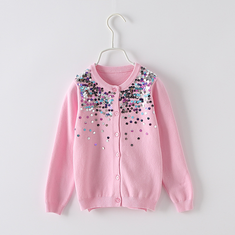 2021 primavera y otoño nuevo cuello redondo lentejuelas suéter de los niños chal abrigo niñas punto cardigan moda al aire libre por mayor