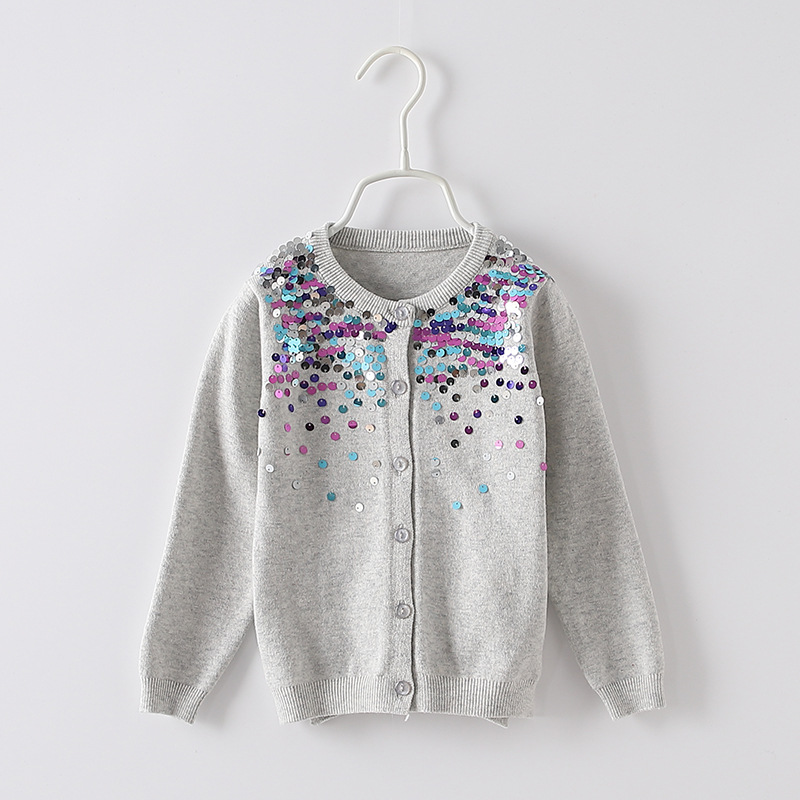 2021 primavera y otoño nuevo cuello redondo lentejuelas suéter de los niños chal abrigo niñas punto cardigan moda al aire libre por mayor