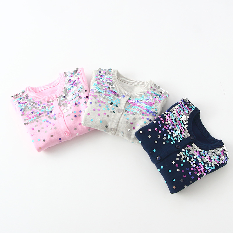 2021 primavera y otoño nuevo cuello redondo lentejuelas suéter de los niños chal abrigo niñas punto cardigan moda al aire libre por mayor
