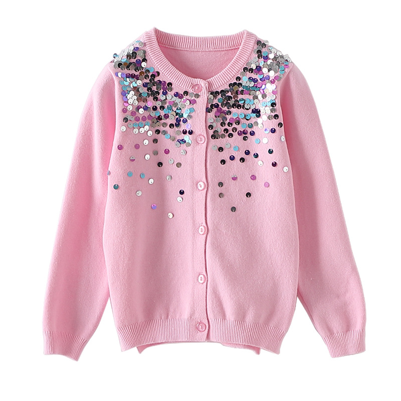 2021 primavera y otoño nuevo cuello redondo lentejuelas suéter de los niños chal abrigo niñas punto cardigan moda al aire libre por mayor