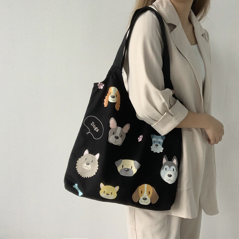 Bolso de lona con ilustración de perro, nuevo estilo, bolso de lona, ​​bolso de hombro retro para mujer, versión coreana Harajuku, bolso ulzzang ins