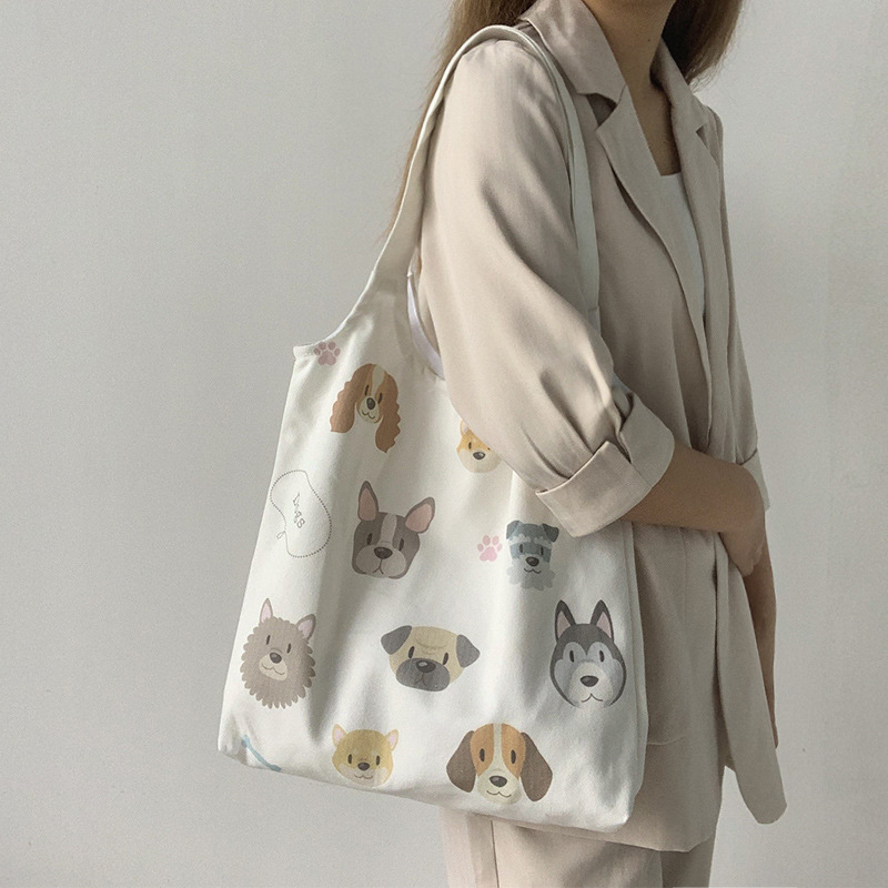 Bolso de lona con ilustración de perro, nuevo estilo, bolso de lona, ​​bolso de hombro retro para mujer, versión coreana Harajuku, bolso ulzzang ins