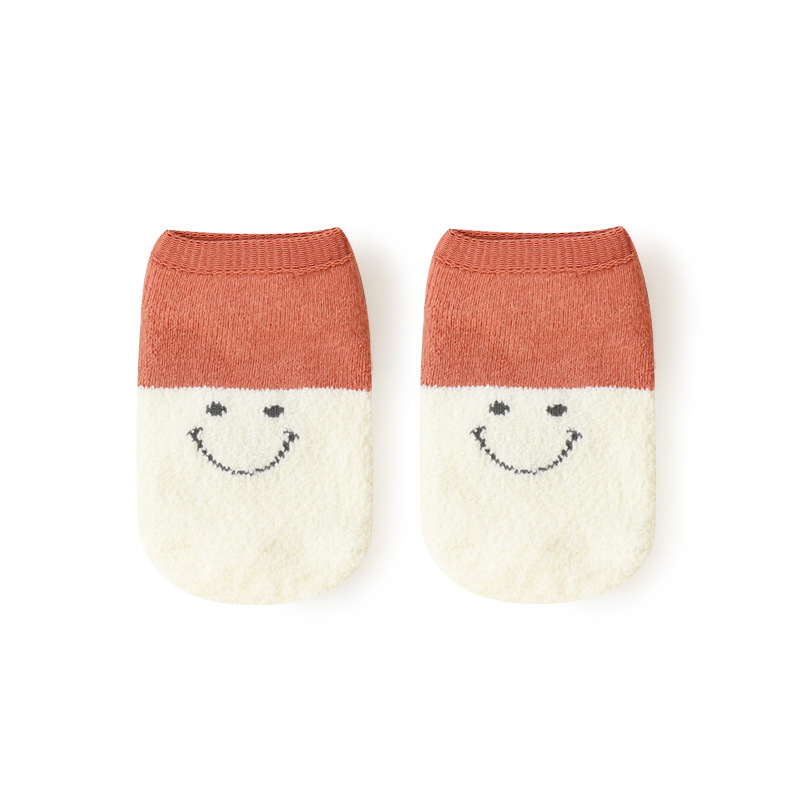Calcetines para niños Otoño e Invierno dibujos animados cara sonriente forrado de lana bebé Terry calcetines cosidos a mano cabeza antideslizante piso calcetines barco Calcetines cortos