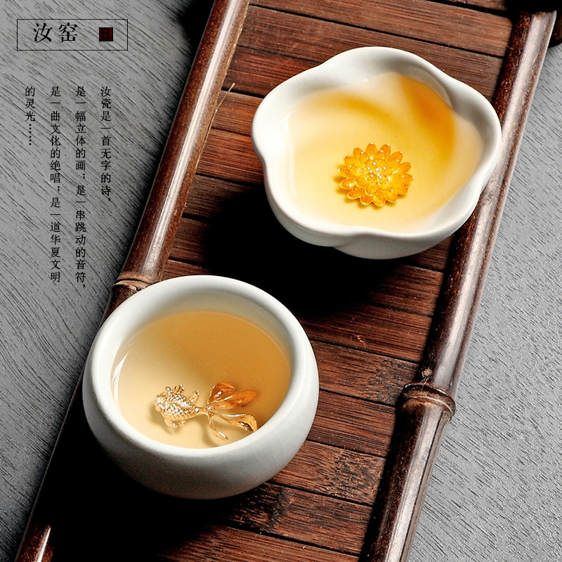 Ru 가마 오픈 피스 세라믹 상감 실버 컵 실버 생선 컵 찻잔 찻잔 찻그릇 쿵푸 차 세트 내장 컵 마스터 싱글 컵