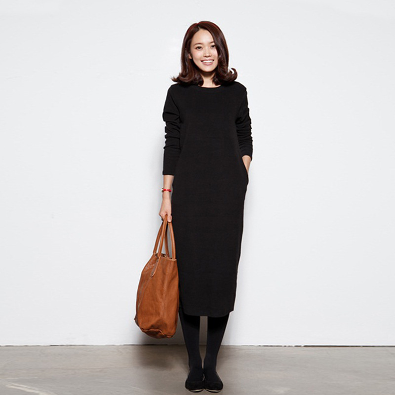 フリース付きワンピース 長袖 2025秋冬 ゆったりロングワンピース レディース ブラックニットセーター風ワンピース フェアリードレス 冬用ポケット付き