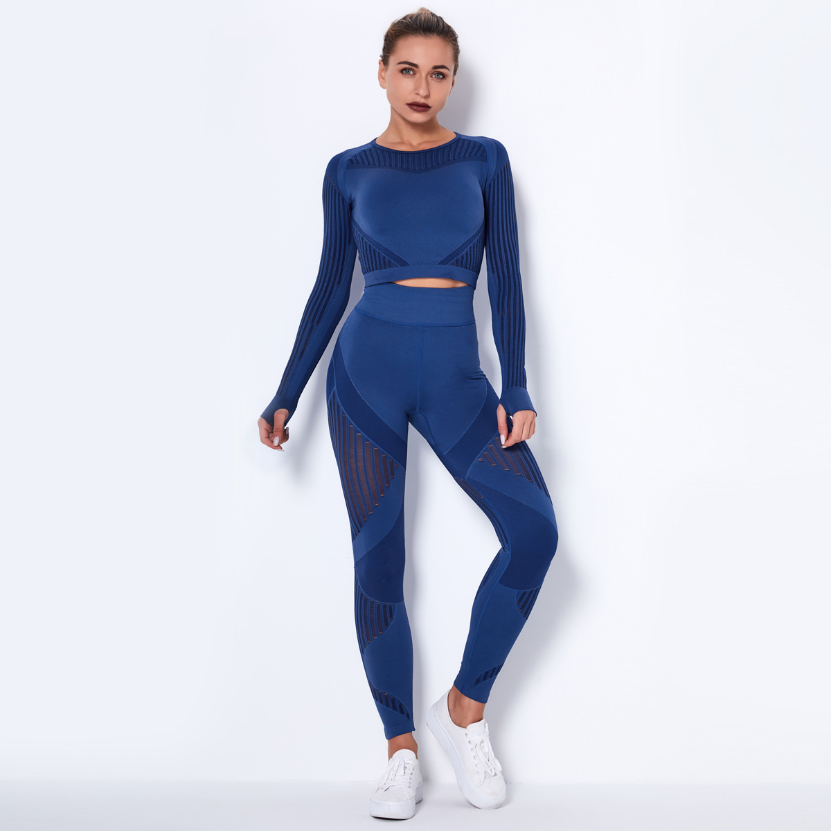 ¡En stock! Europeo y americano sin costuras hueco-fuera de absorción de humedad de yoga traje de manga larga ropa de yoga deportes fitness correr pantalones de yoga para mujeres