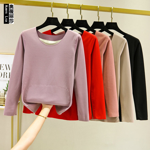 Double-sided Fleece Base Layer Top Korean Style Patchwork Warm Round Neck Long Sleeve Underwear Heated Fleece Upper Body Clothing