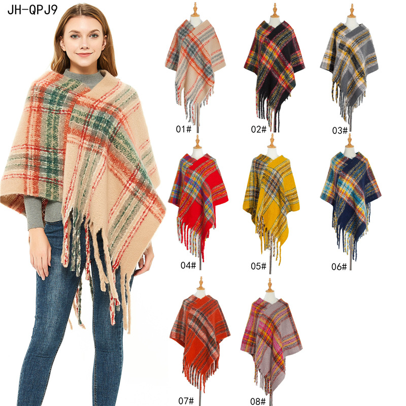 Unisex Thickened cape for women with fine check and coarse fringe pullover_voghion.com