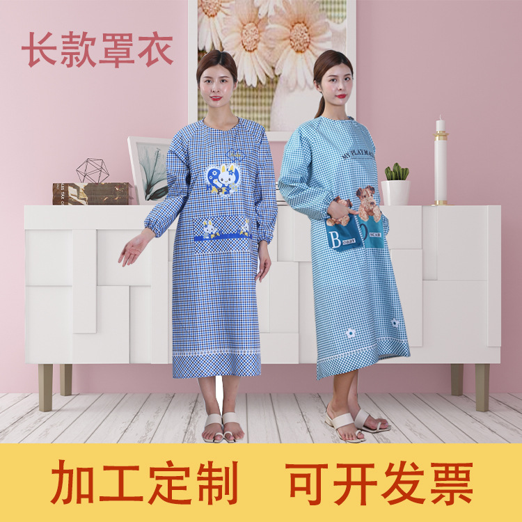 여성용 긴 앞치마, 성인용 역방향 착용, 복숭아 가죽 느낌의 끈이 달린 소매가 있는 앞치마, 가정용 방수 및 오염 방지, 만화 패턴