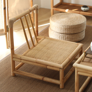 Bamboo and Rattan Tatami Chair Household Low Stool Balcony with Armrest Chair Tea Backrest Chair Japanese Zen Style Low Chair