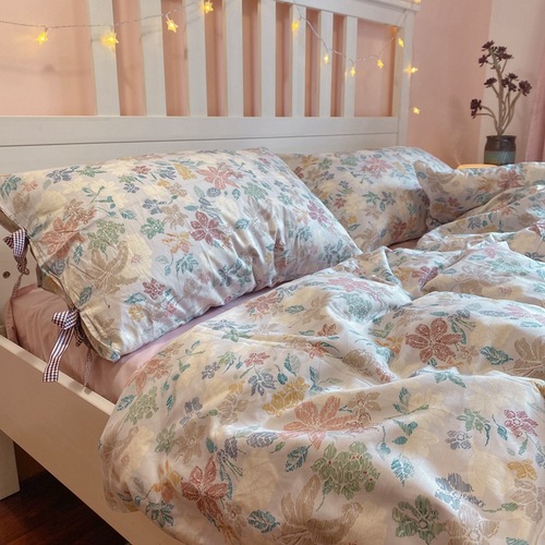 Retro nude floral, pure cotton four-piece skin-friendly bedding set, textured pattern printed quilt cover, fitted sheet 1.5/1.8m