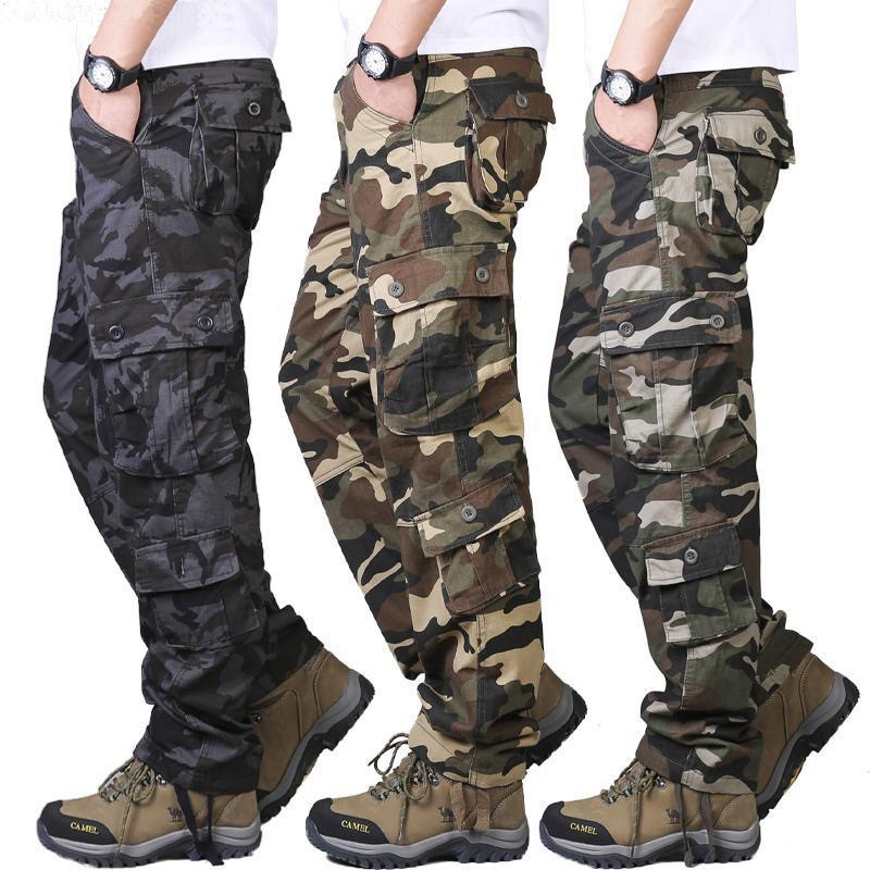 Cotton camouflage trousers men's overalls thick straight pants plus size casual pants military training army pants wear-resistant and durable