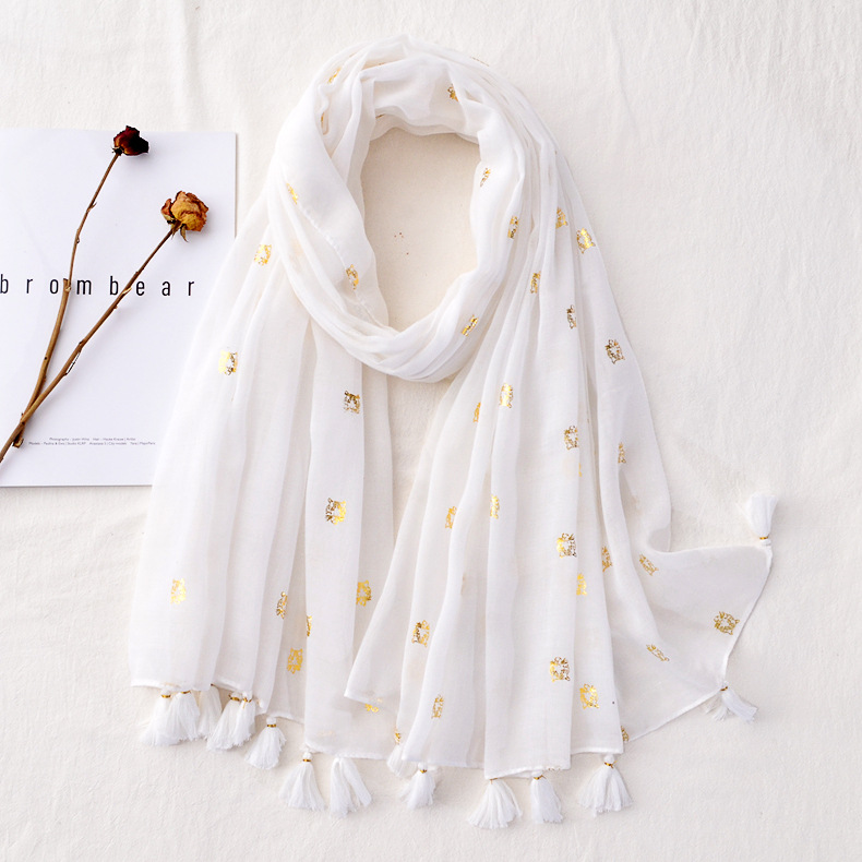 Japonés y coreano original artístico blanco liso fresco protector solar bufanda delgada de algodón y lino blanco bronceado impreso bufanda